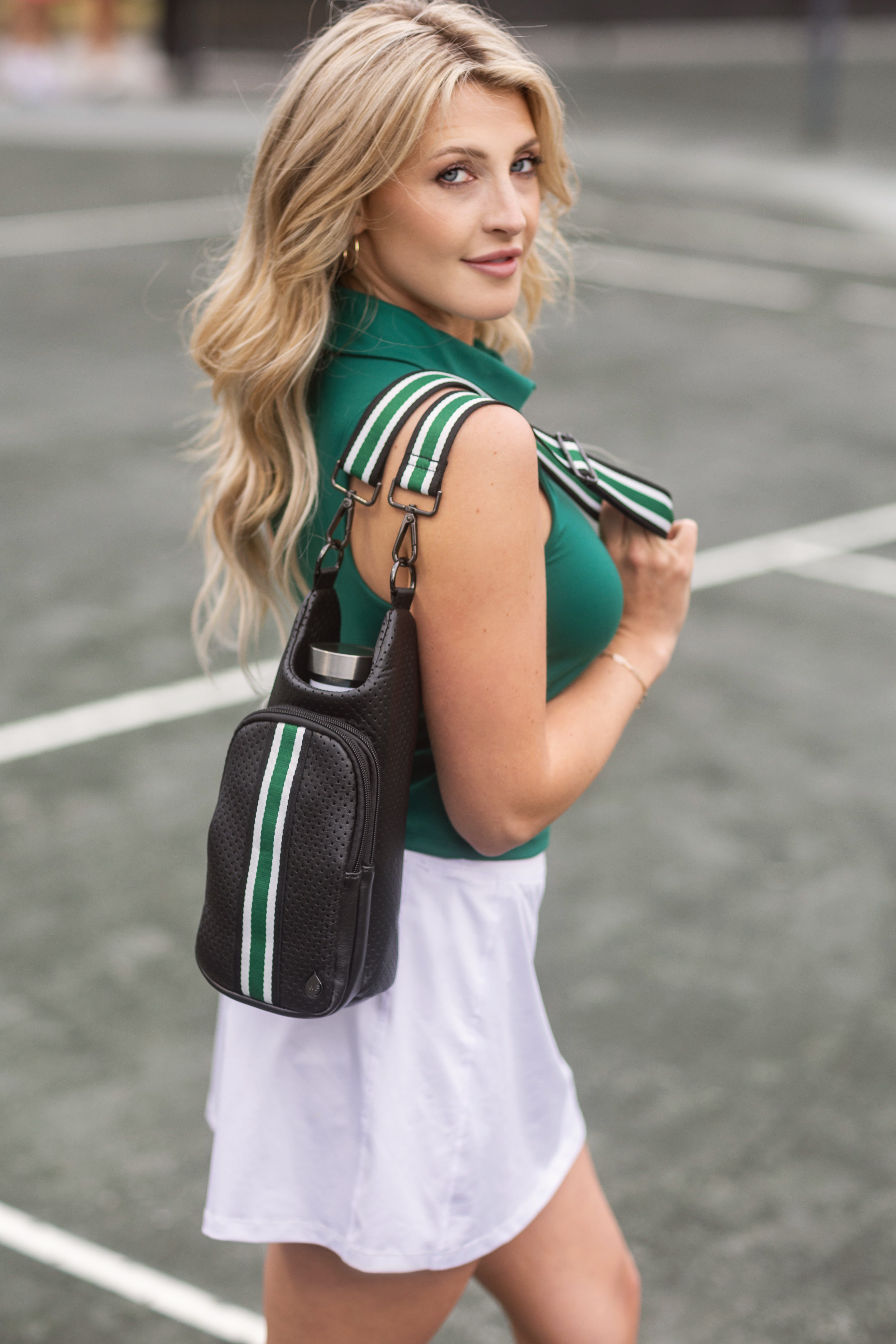 Black Coated Perforated Neoprene HydroBag® with Green, Black, White Striped Strap