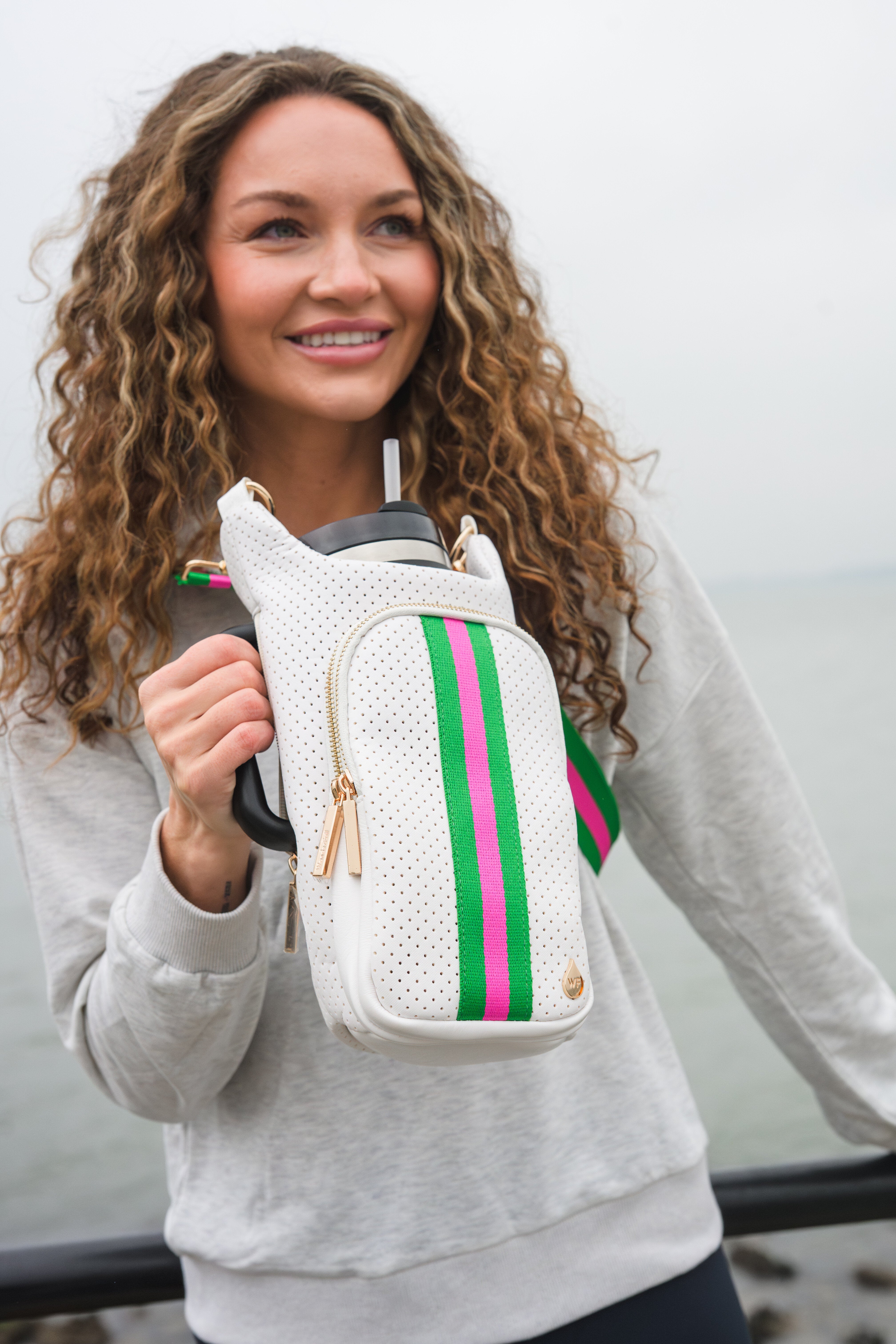 White Coated Perforated Neoprene HydroBag® with Pink/Green Stripe HydroBag® HANDLE®