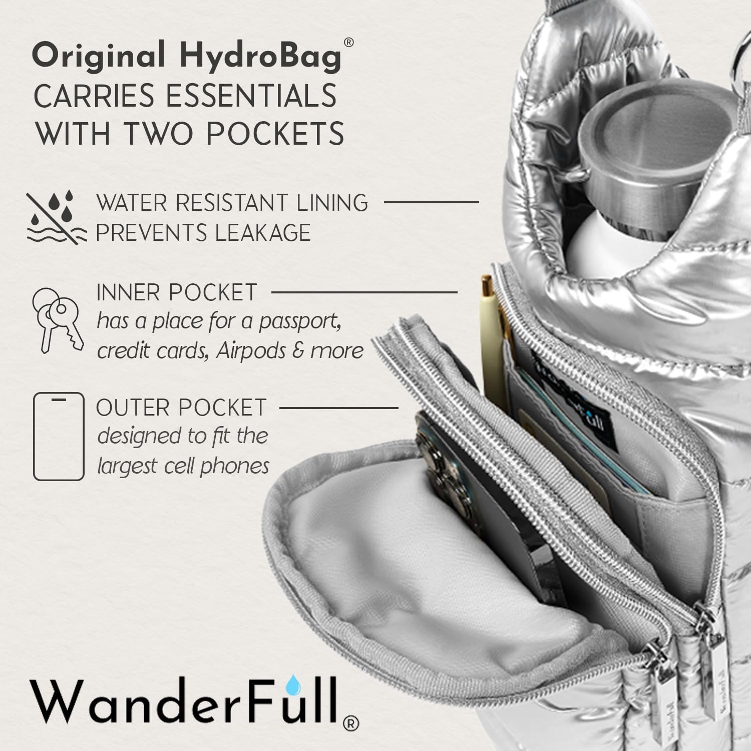 Silver Shiny HydroBag® with Solid Silver Strap