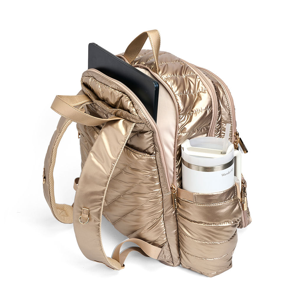WanderFull® HydroBackpack – Gold Quilted Nylon Travel & Commuter Bag