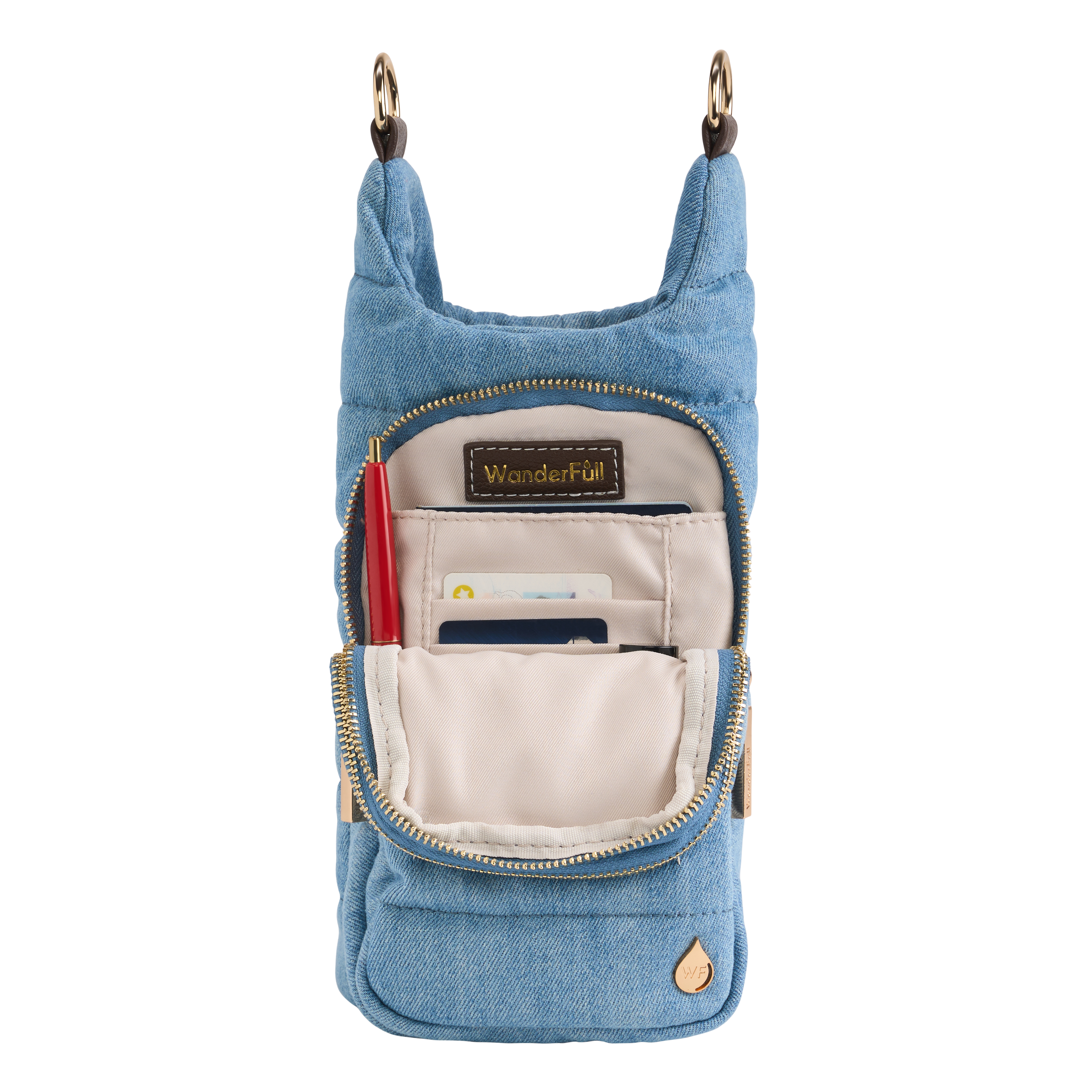 Denim HydroBag® with Horseshoe Embroidery and Denim overlaid Vegan Leather Strap and Gold hardware