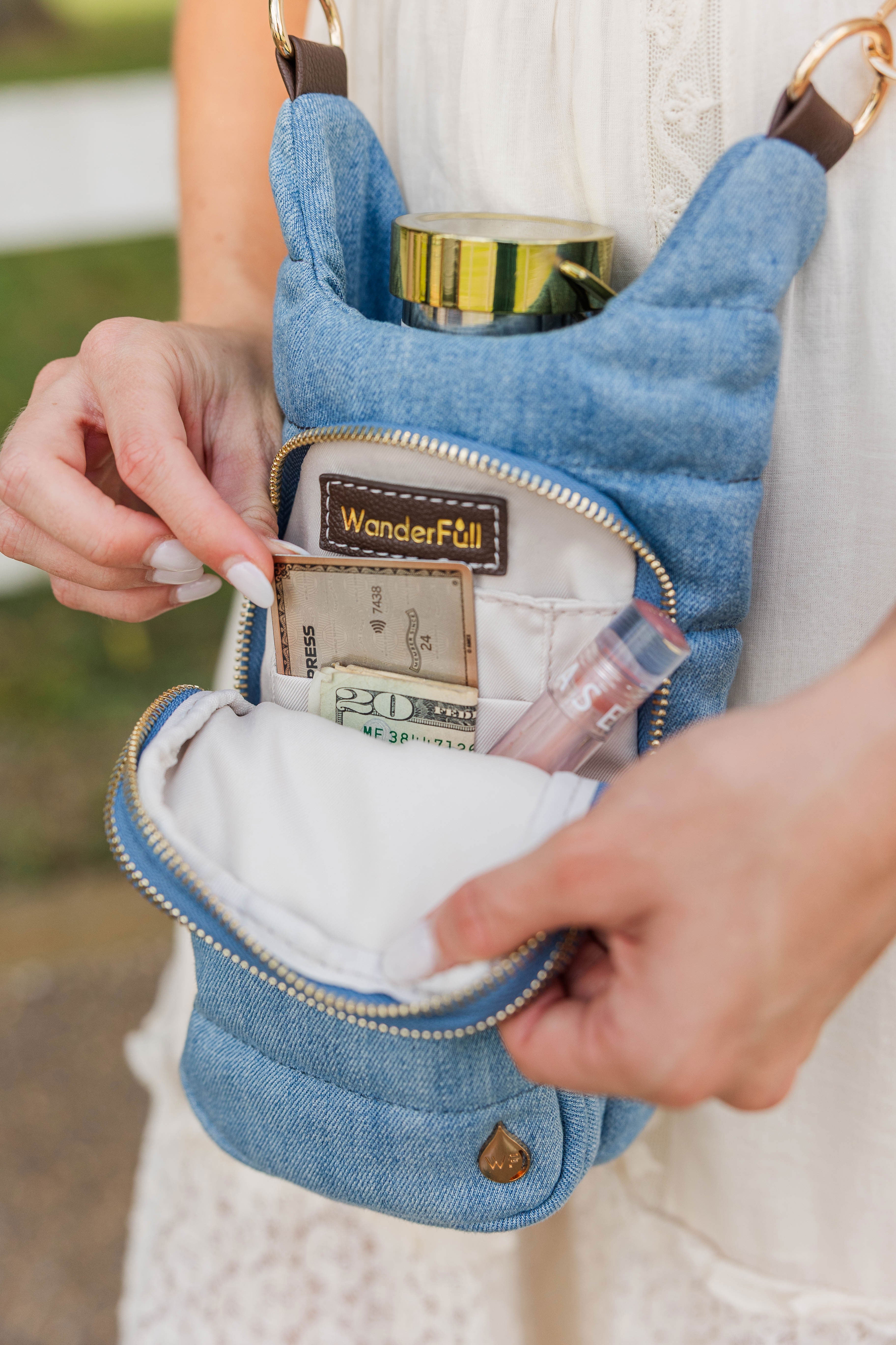 Denim HydroBag® with Horseshoe Embroidery and Denim overlaid Vegan Leather Strap and Gold hardware