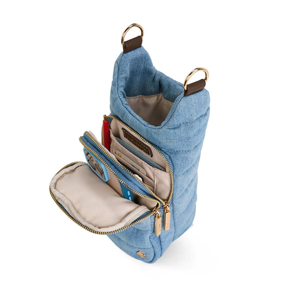 Denim HydroBag® with Horseshoe Embroidery and Denim overlaid Vegan Leather Strap and Gold hardware