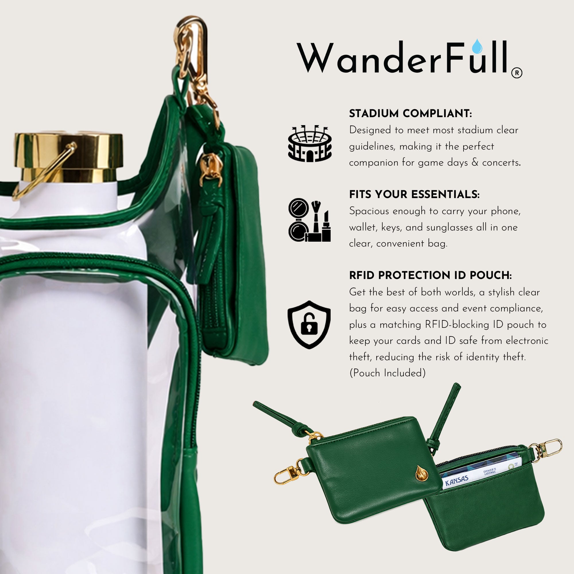Clear HydroBag® Stadium with Augusta Golf Green Trim and Matching RFID Pouch