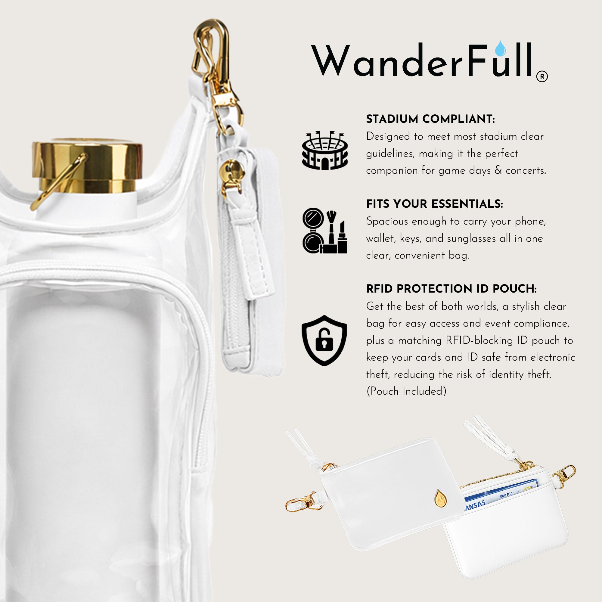 Clear HydroBag® Stadium with White Vegan Leather Trim and Matching RFID Pouch