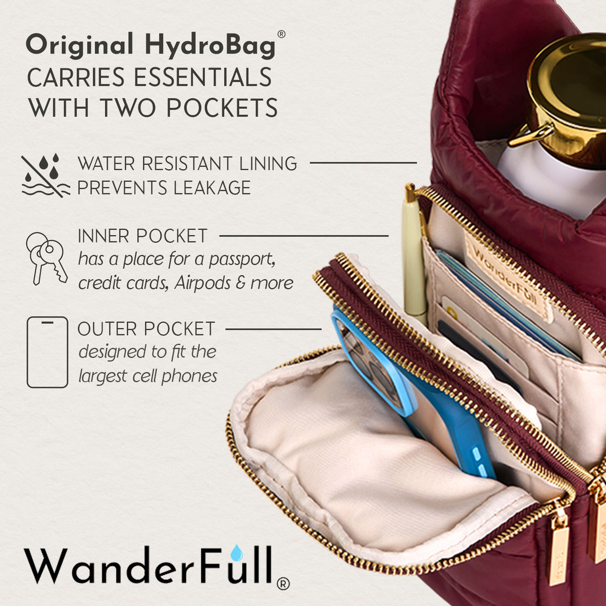 Slightly Imperfect- Dark Cherry HydroBag® with Cherry and Black Striped Strap