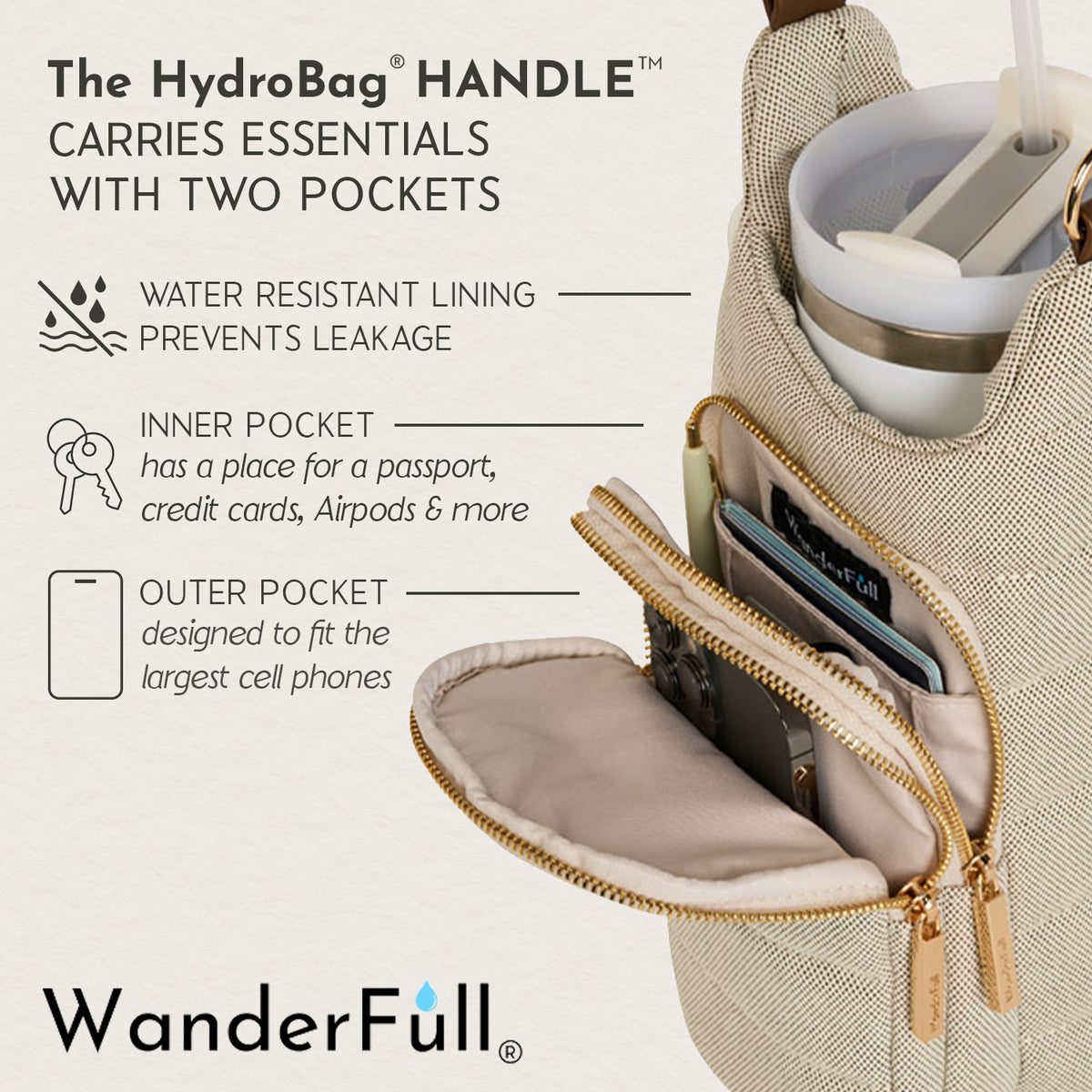 HydroBag® HANDLE®- Gold Shiny with Vegan Leather Trimmed Solid Strap