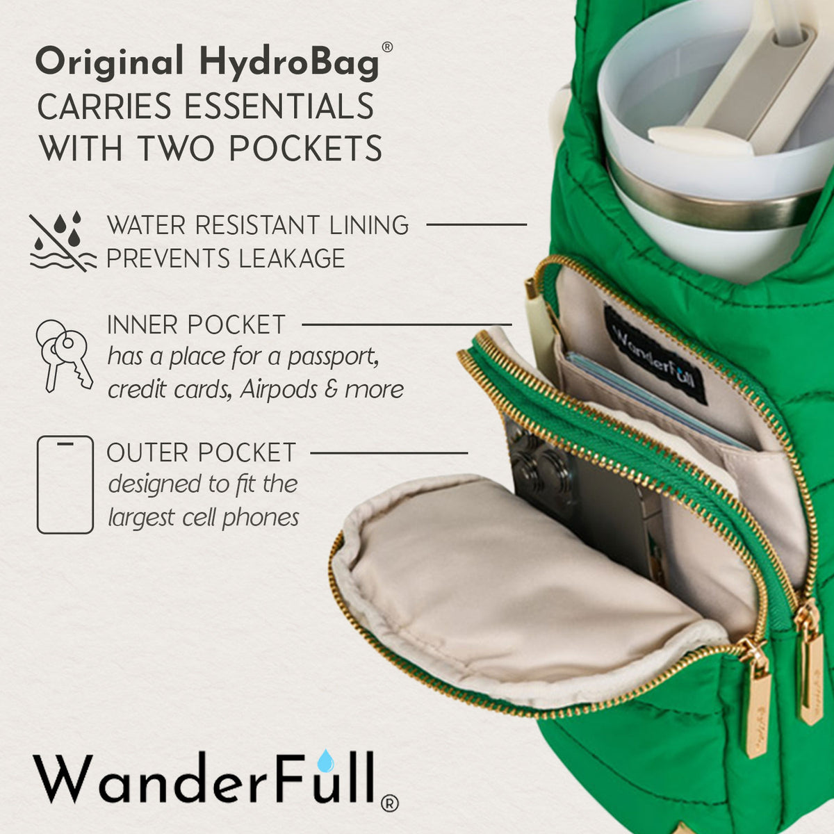 HydroBag® HANDLE®- Kelly Green with Green and White patterned strap