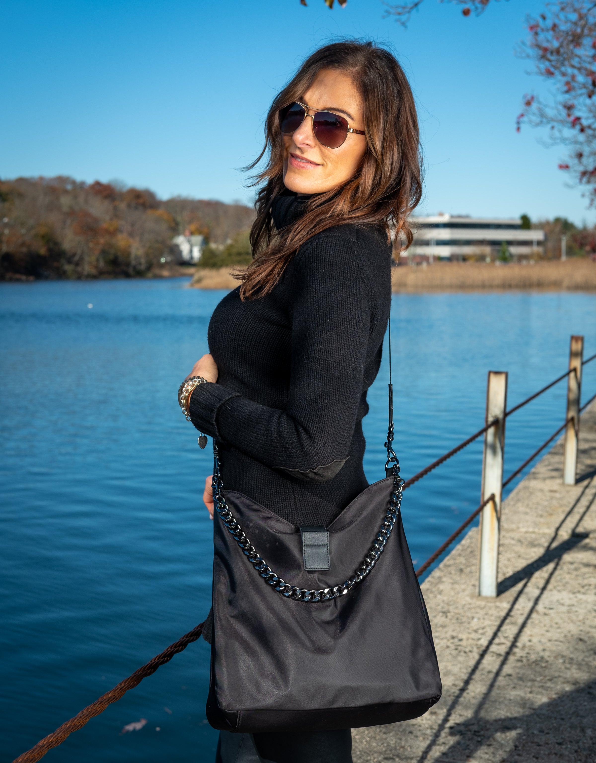 No Logo-Black HydroHobo® Bag with Gunmetal Hardware- Final sale