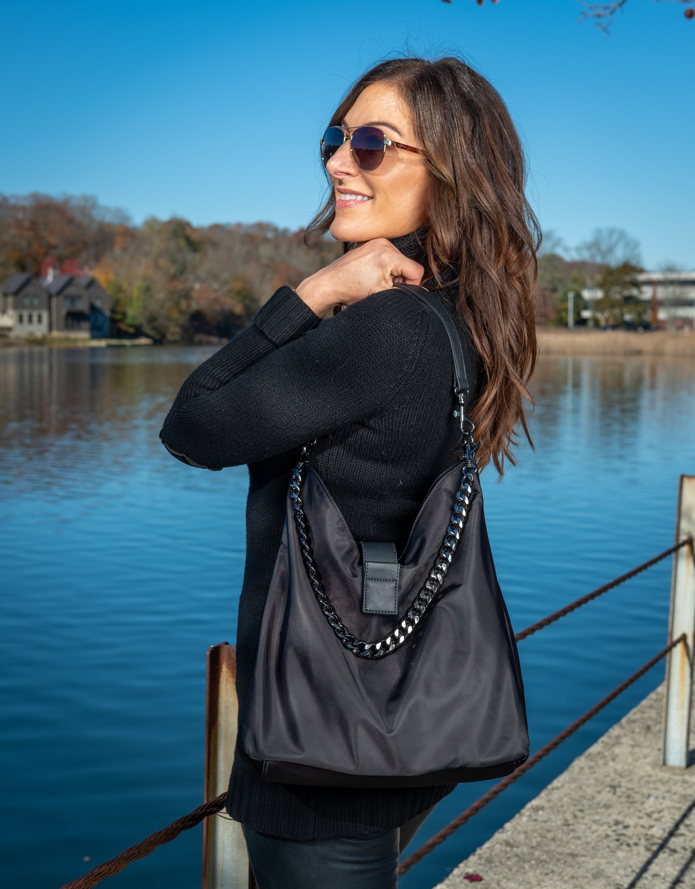 No Logo-Black HydroHobo® Bag with Gunmetal Hardware- Final sale