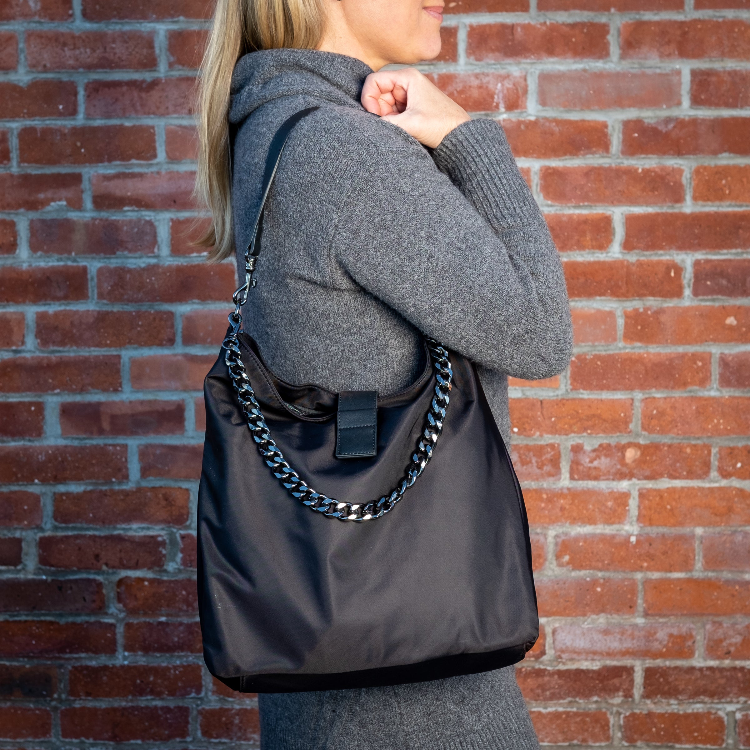 No Logo-Black HydroHobo® Bag with Gunmetal Hardware- Final sale