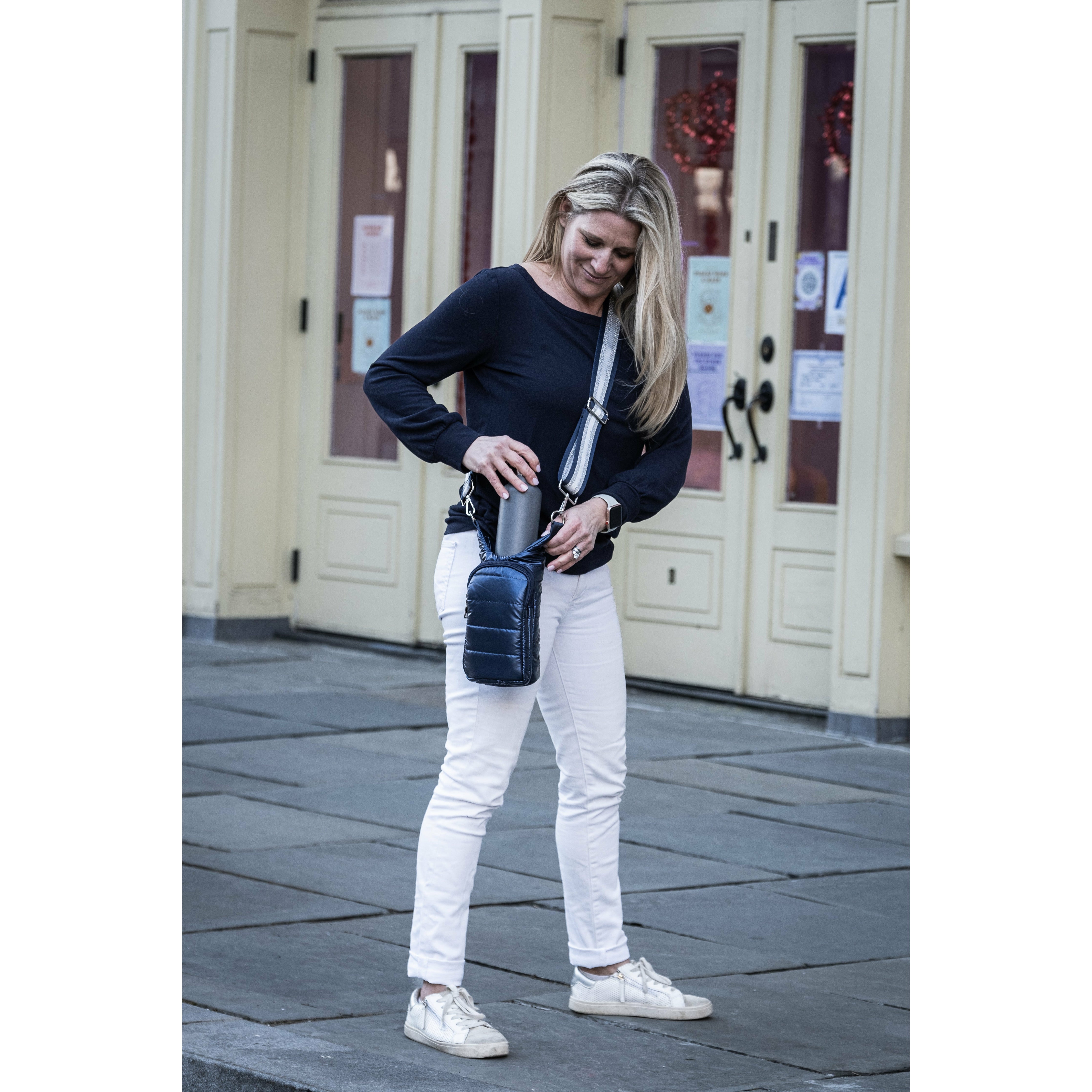 Navy Blue Water bottle bag with Striped interchangeable strap Crossbody bag