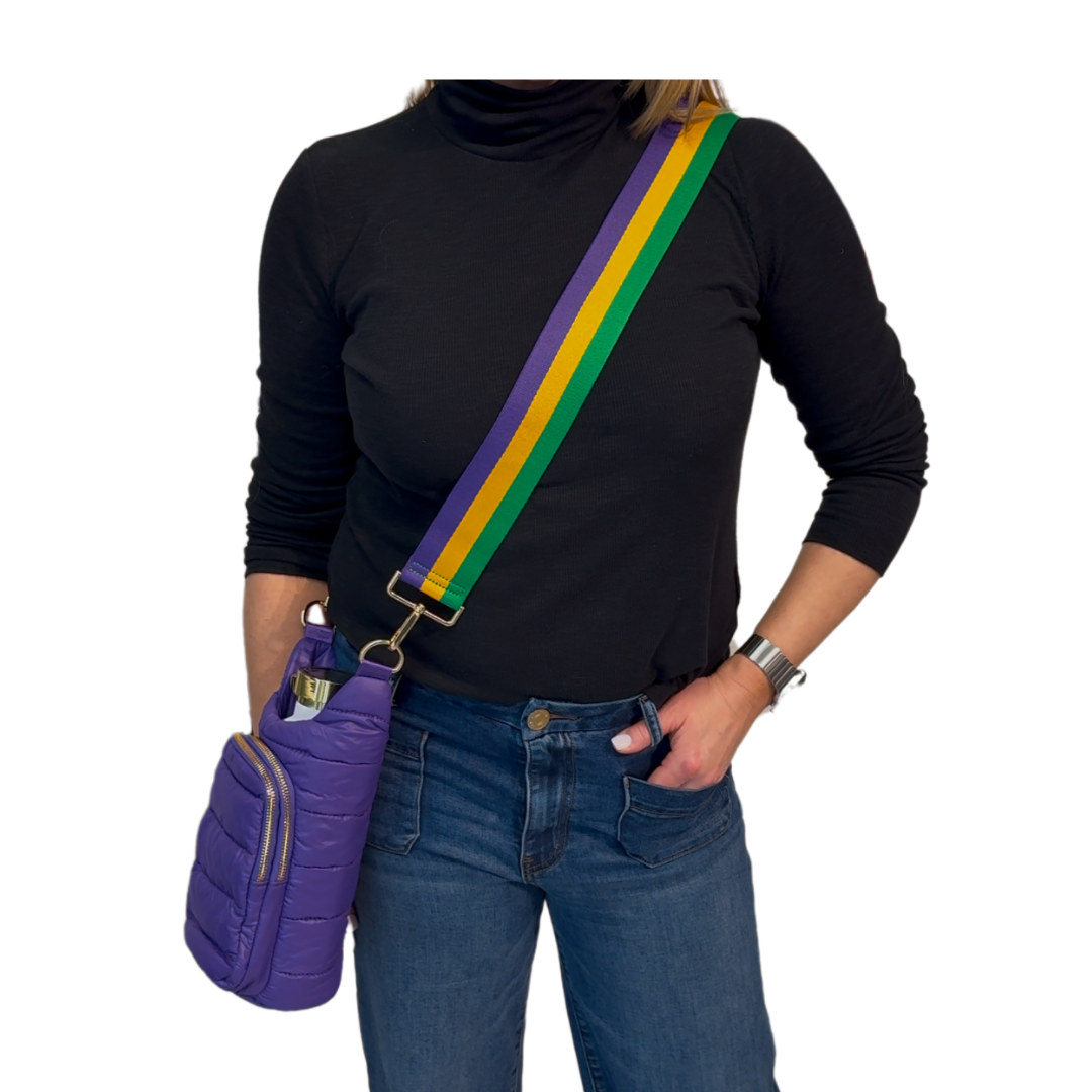 Purple crossbody bag with Mardi Gras Strap