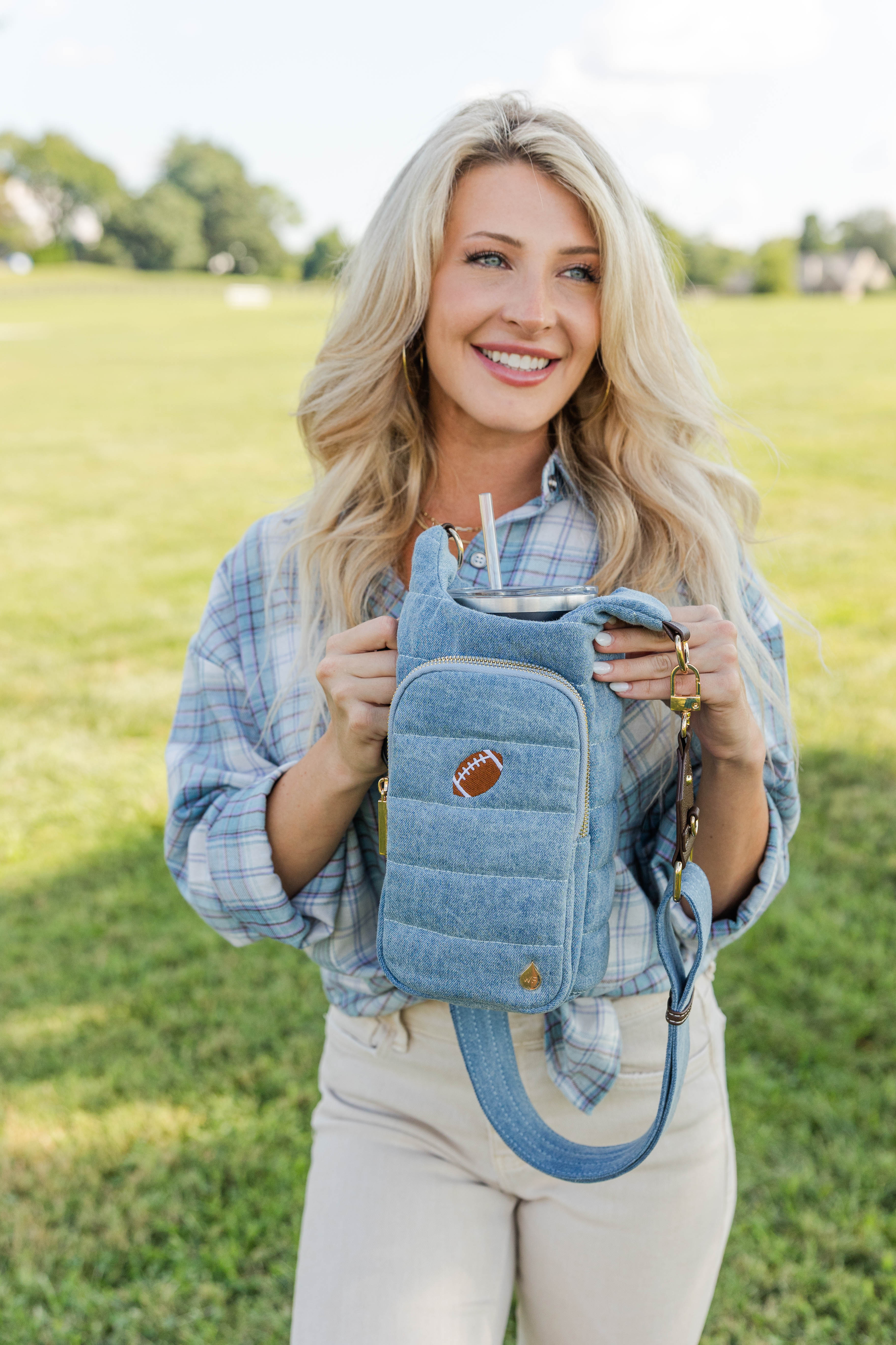 HydroBag® HANDLE™- Football Embroidery on Denim with Gold Hardware
