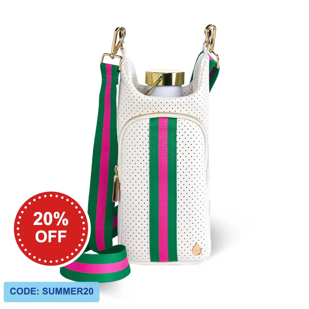 White Coated Perforated Neoprene HydroBag® with Pink/Green Stripe