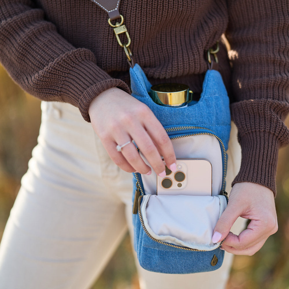 Denim HydroBag® (New!) with Antique Brass and Denim overlaid Vegan Leather Strap