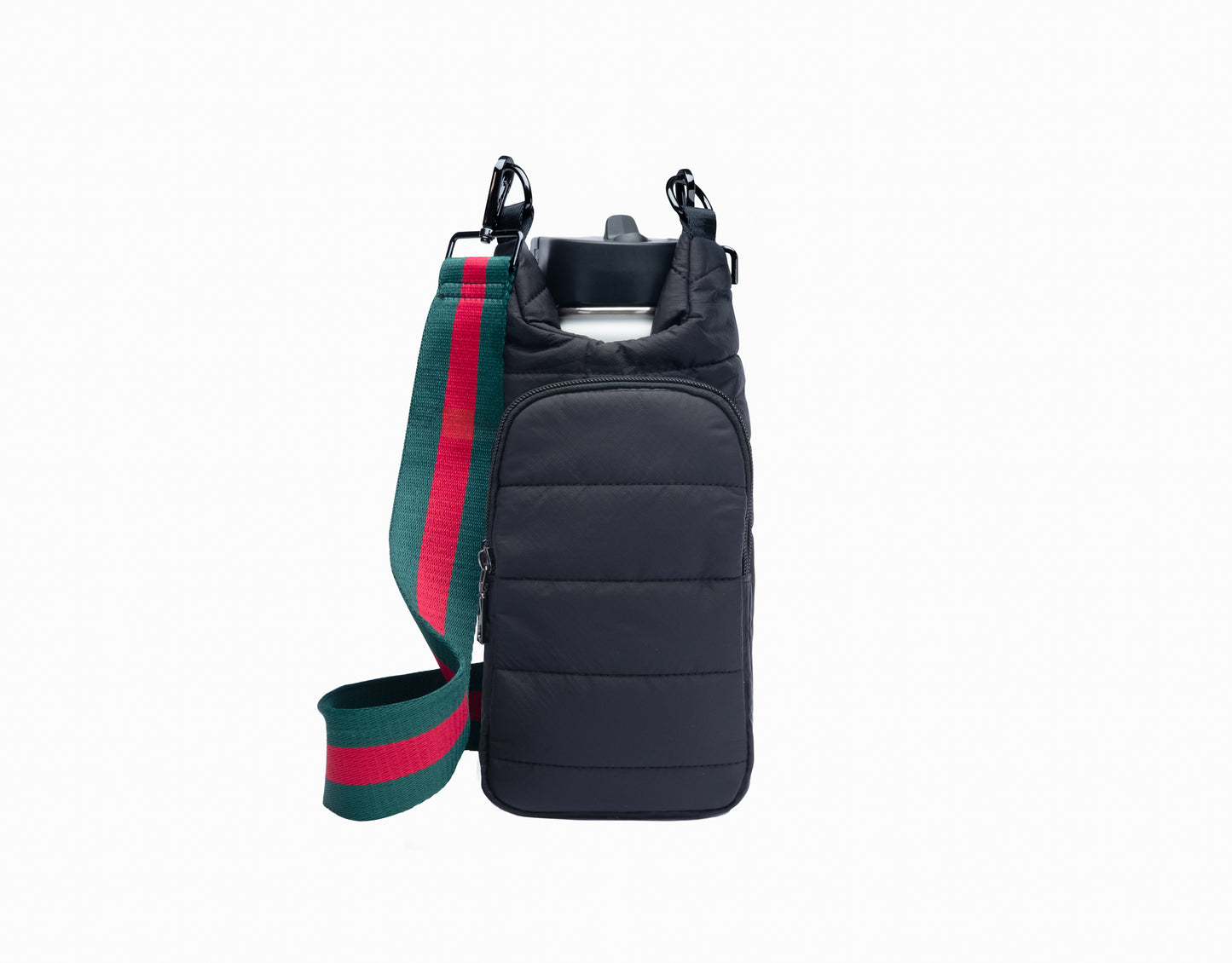 Black Matte Crossbody HydroBag with Red and Green Striped Strap