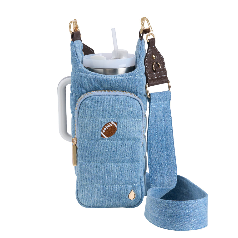 HydroBag® HANDLE™- Football Embroidery on Denim with Gold Hardware