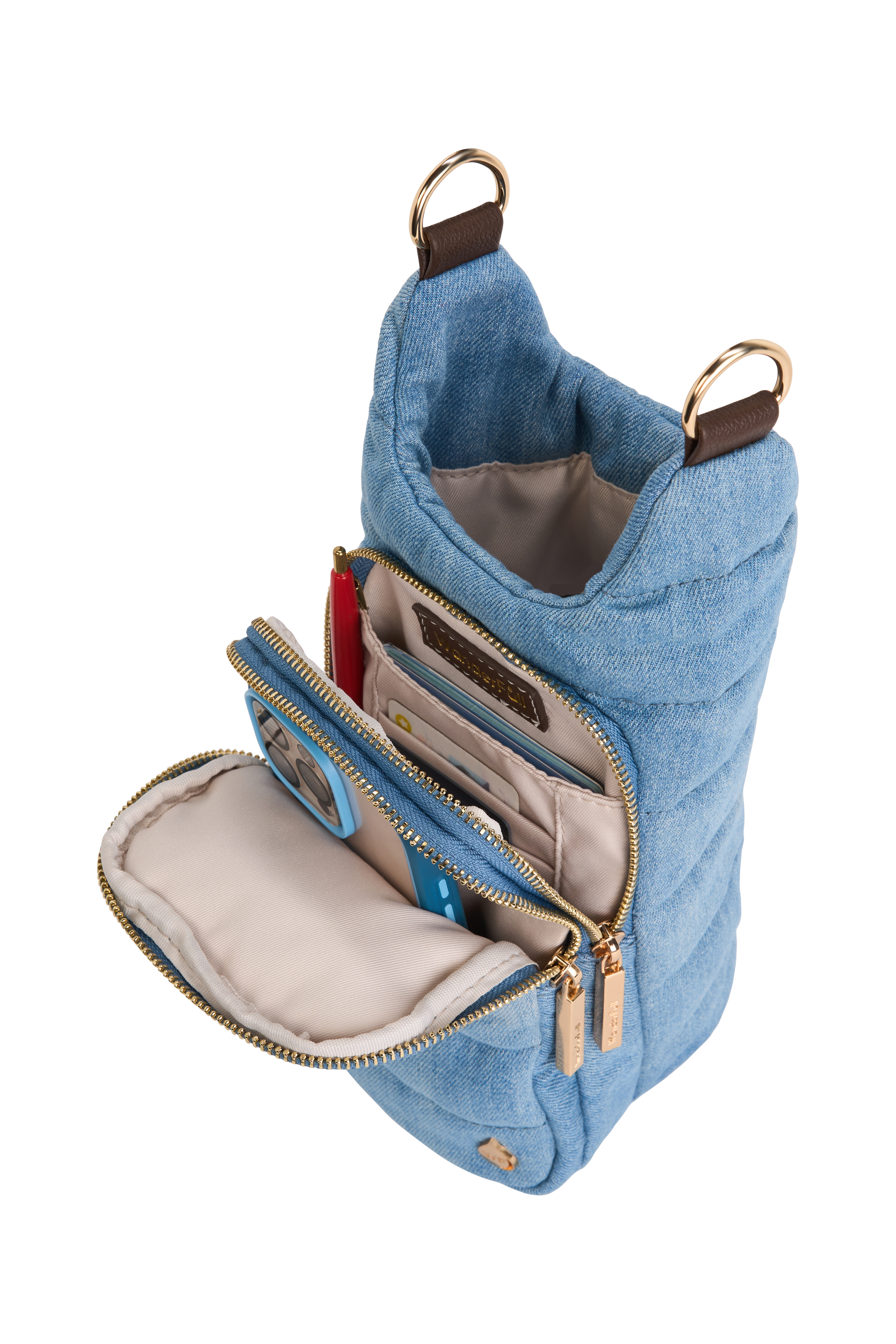 Denim HydroBag® with Horseshoe Embroidery and Denim overlaid Vegan Leather Strap and Gold hardware