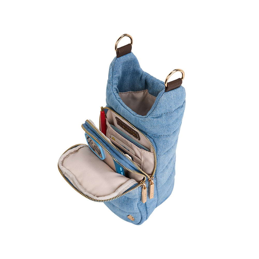 Light Denim HydroBag® with Gold Hardware and Denim overlaid Vegan Leather Strap