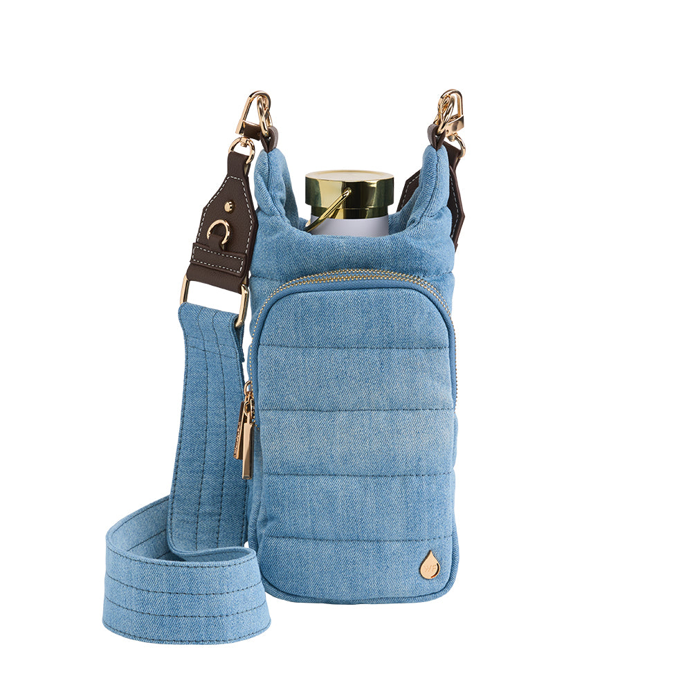 Light Denim HydroBag® with Gold Hardware and Denim overlaid Vegan Leather Strap