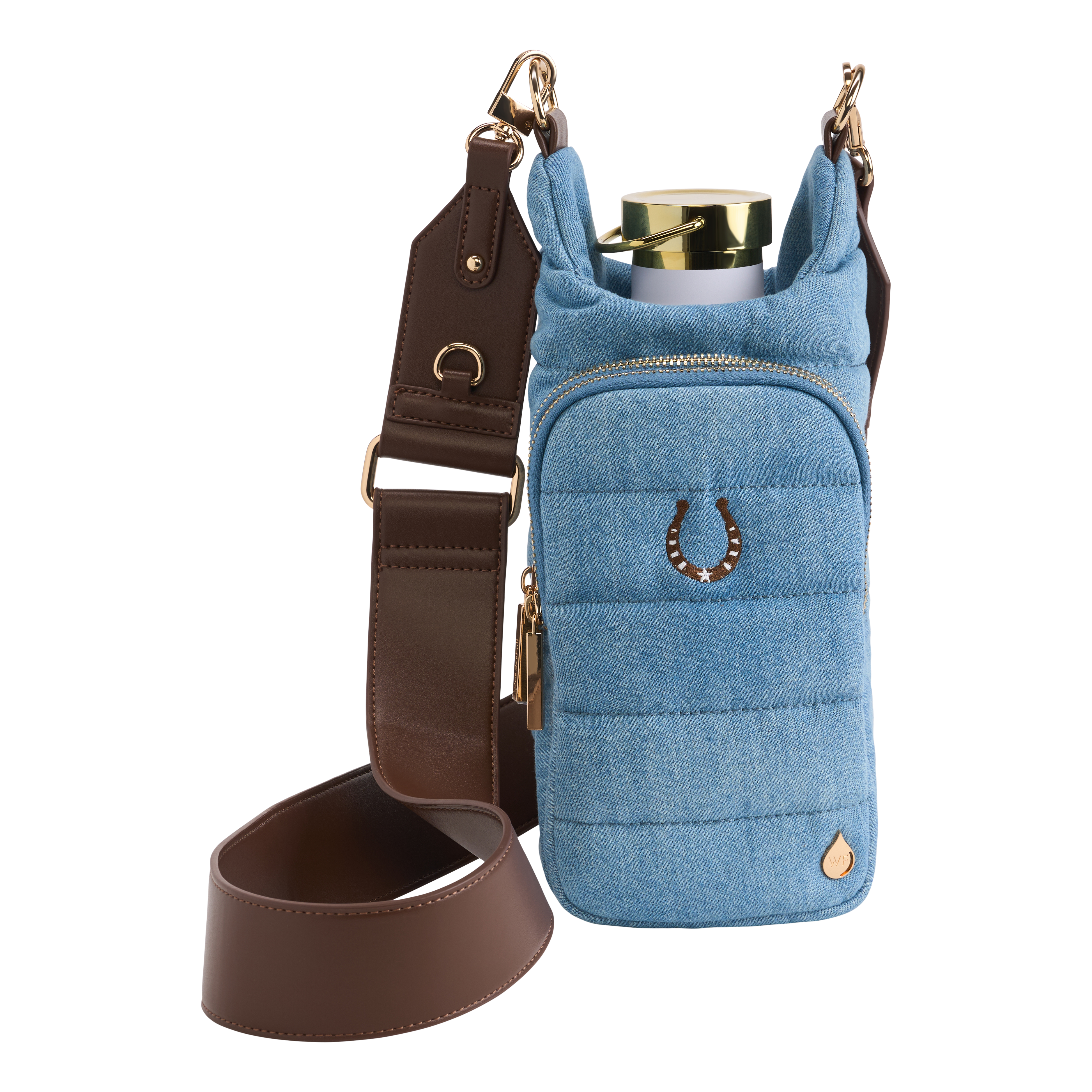 Denim HydroBag® with Horseshoe Embroidery and Denim overlaid Vegan Leather Strap and Gold hardware