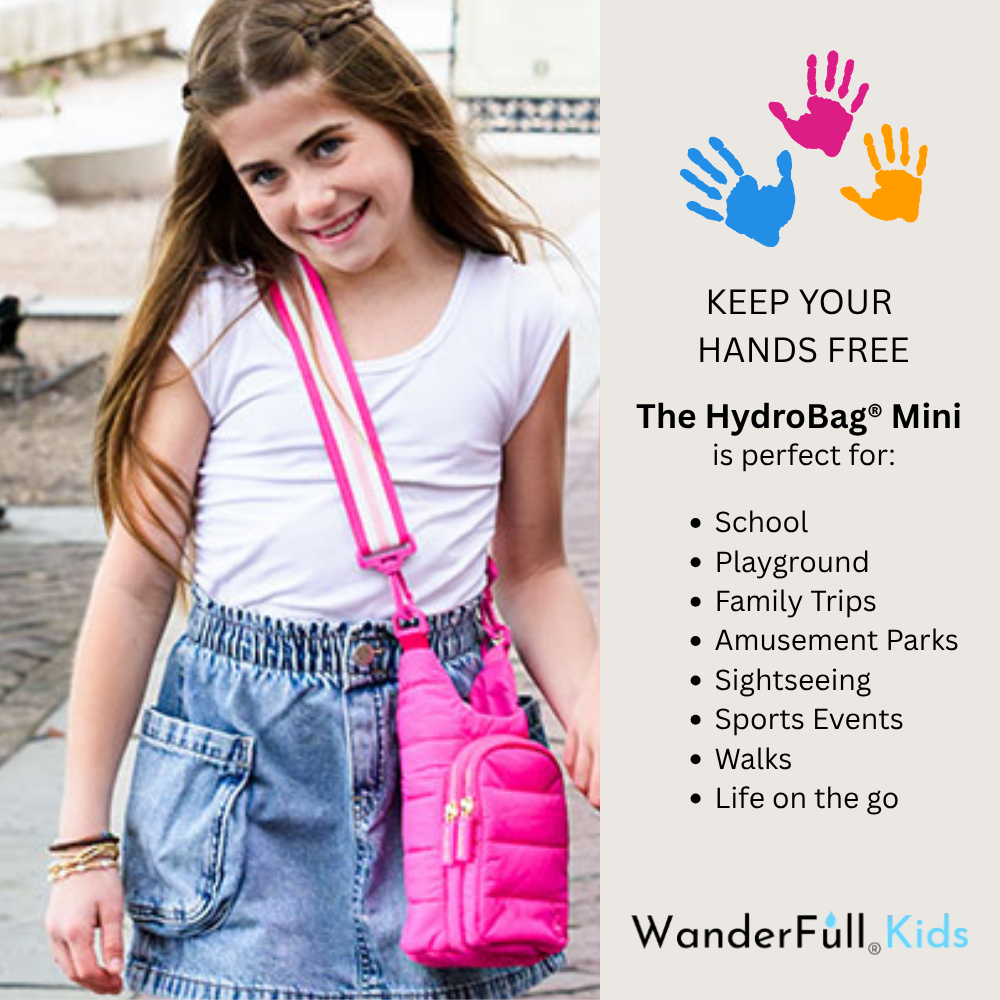 HydroBag® Mini for Kids- Bright Pink- Quilted Crossbody Water Bottle Bag