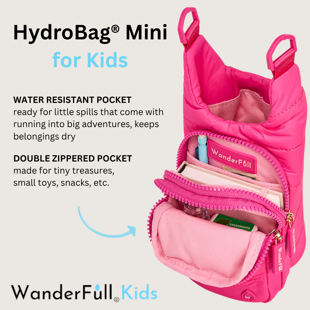 HydroBag® Mini for Kids- Bright Pink- Quilted Crossbody Water Bottle Bag