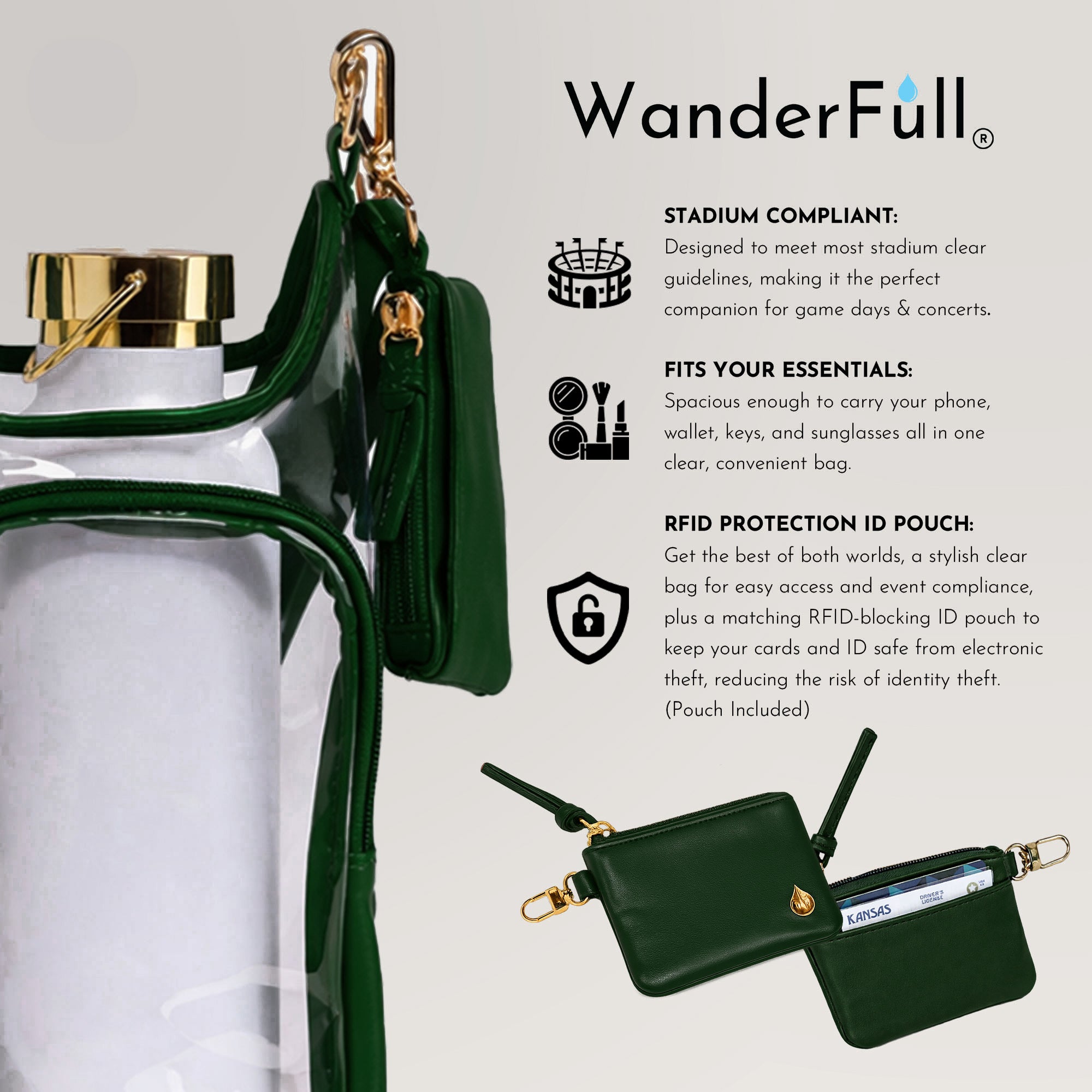 Clear HydroBag® Stadium with Augusta Golf Green Trim and Matching RFID Pouch