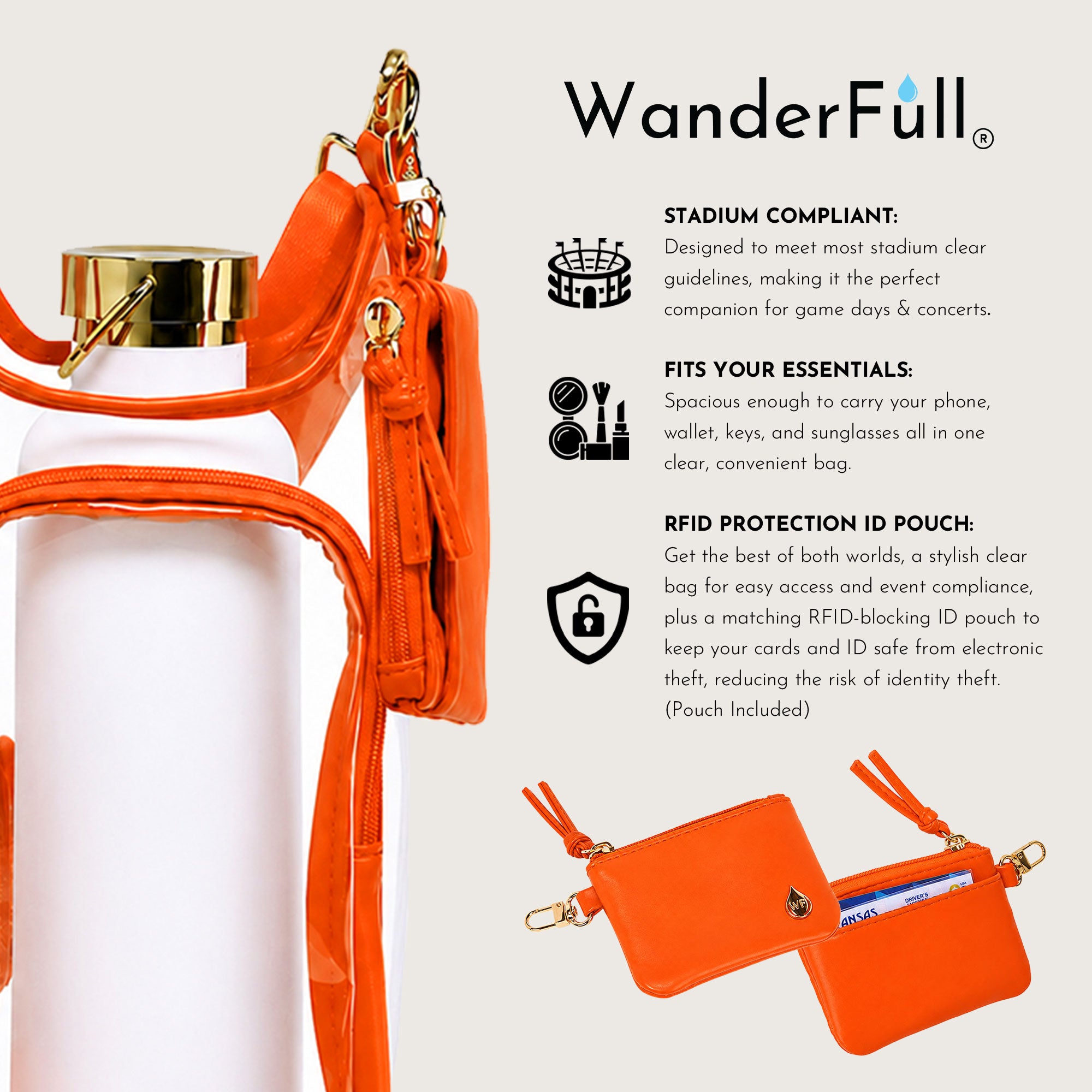 Clear HydroBag® Stadium with Clementine Orange Trim and Matching RFID Pouch