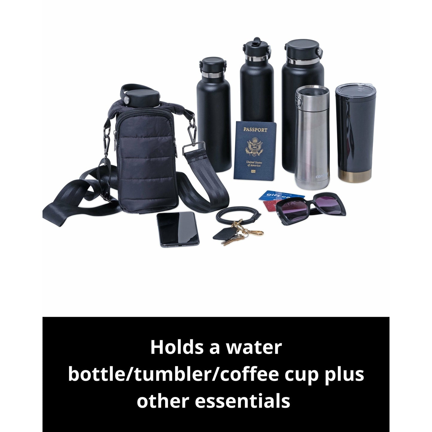 Black Matte WanderFull Water bottle bag with interchangeable strap Crossbody bag 