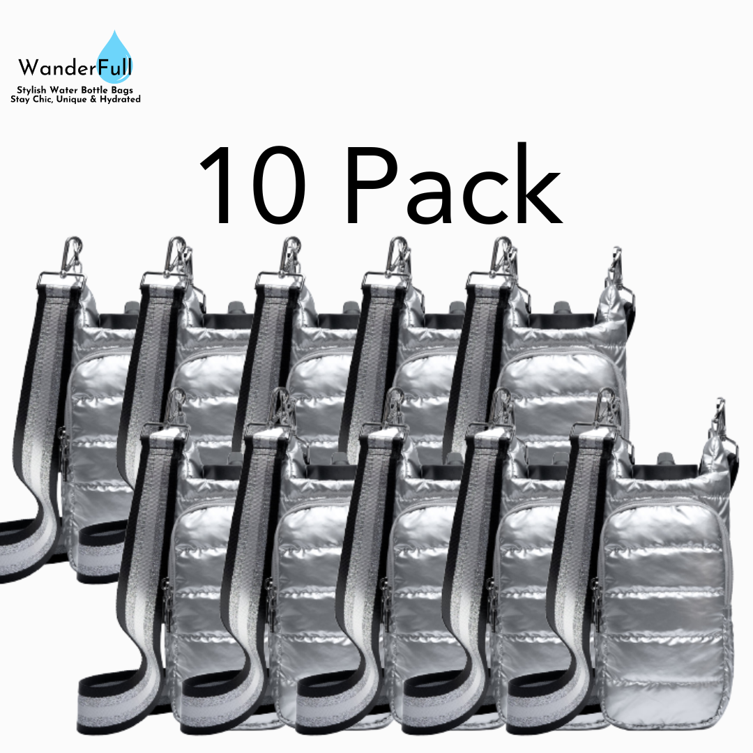 Wholesale Packs (4 or 10) - Silver Shiny HydroBag with Black/Silver/White Strap