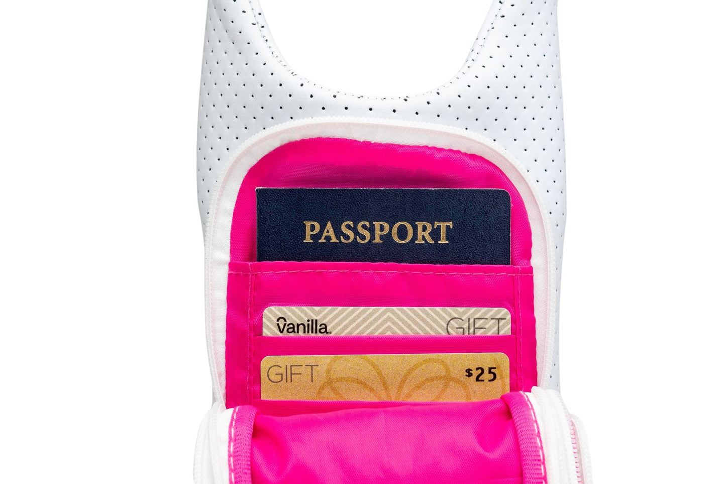 Wholesale - White Coated Perforated Neoprene HydroBag with Pink/Green Stripe & Pink/Green Strap